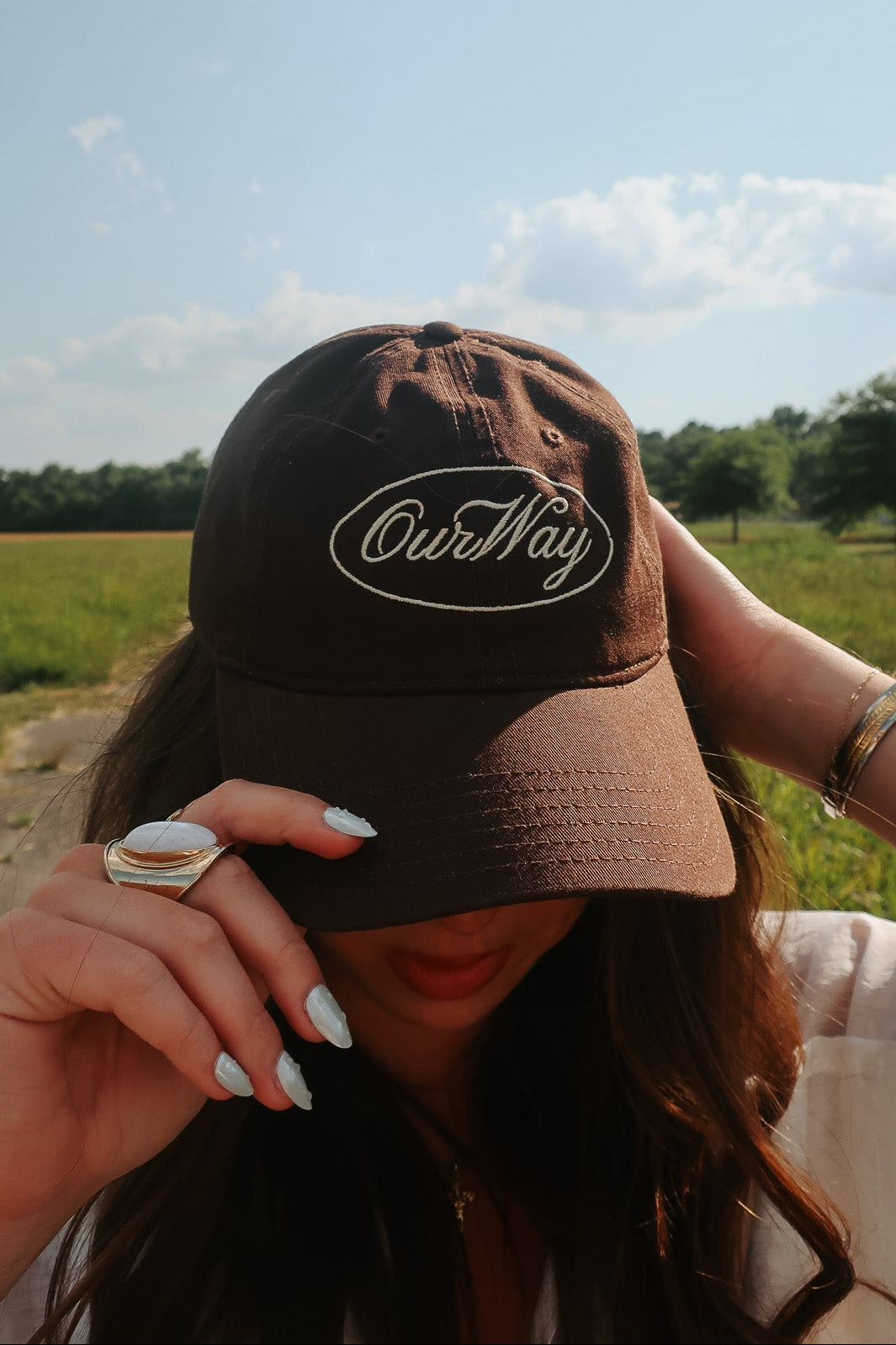 OurWay Brown Dad Hat — quality unstructured baseball cap with cream embroidery