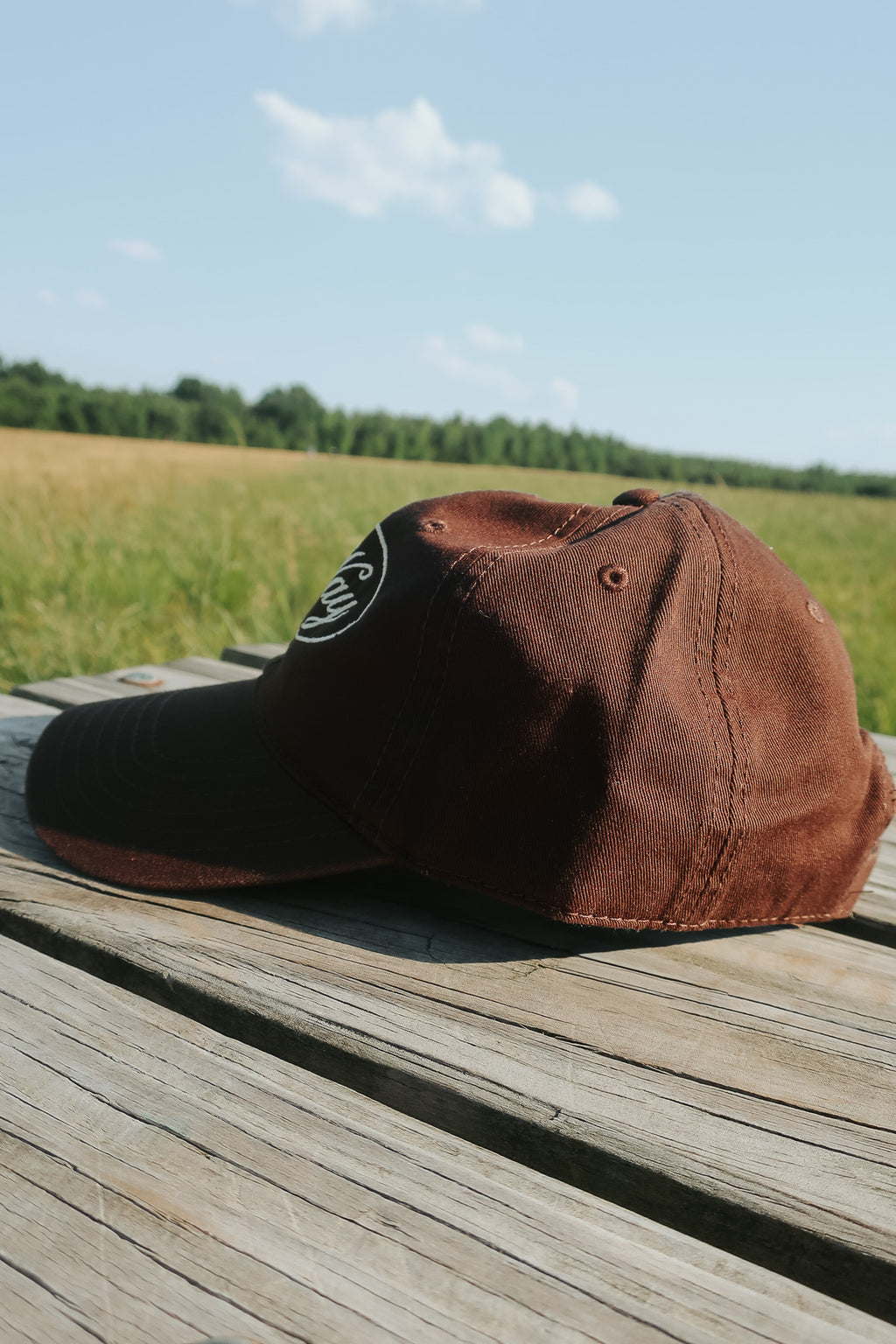 Brown cap with a logo on a wooden surface with a field and sky in the background