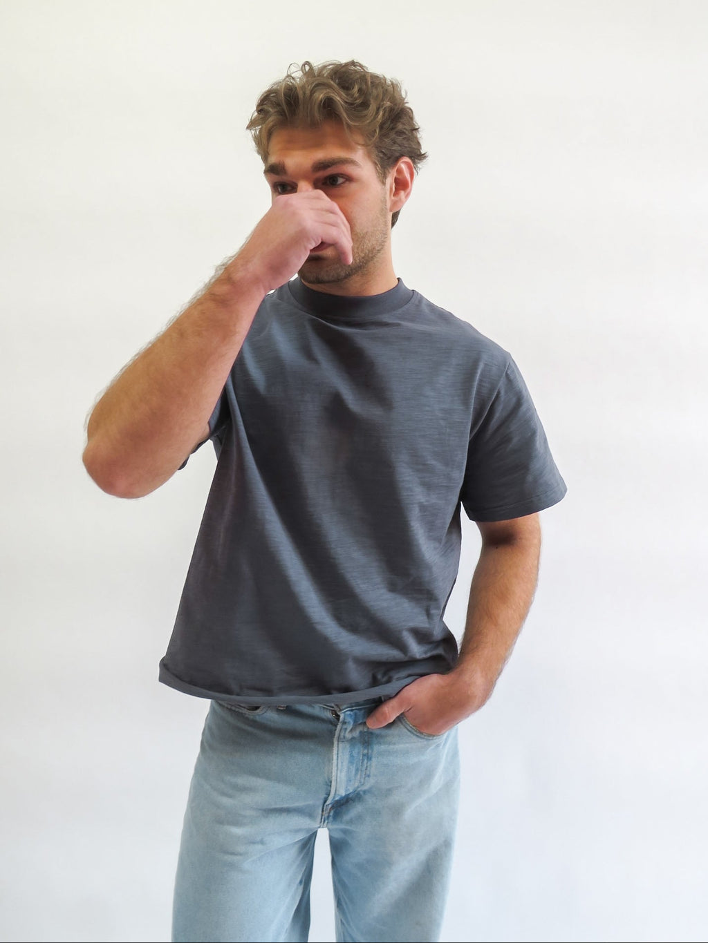 OurWay All Day Tee in grey — quality men's everyday t-shirt worn with jeans