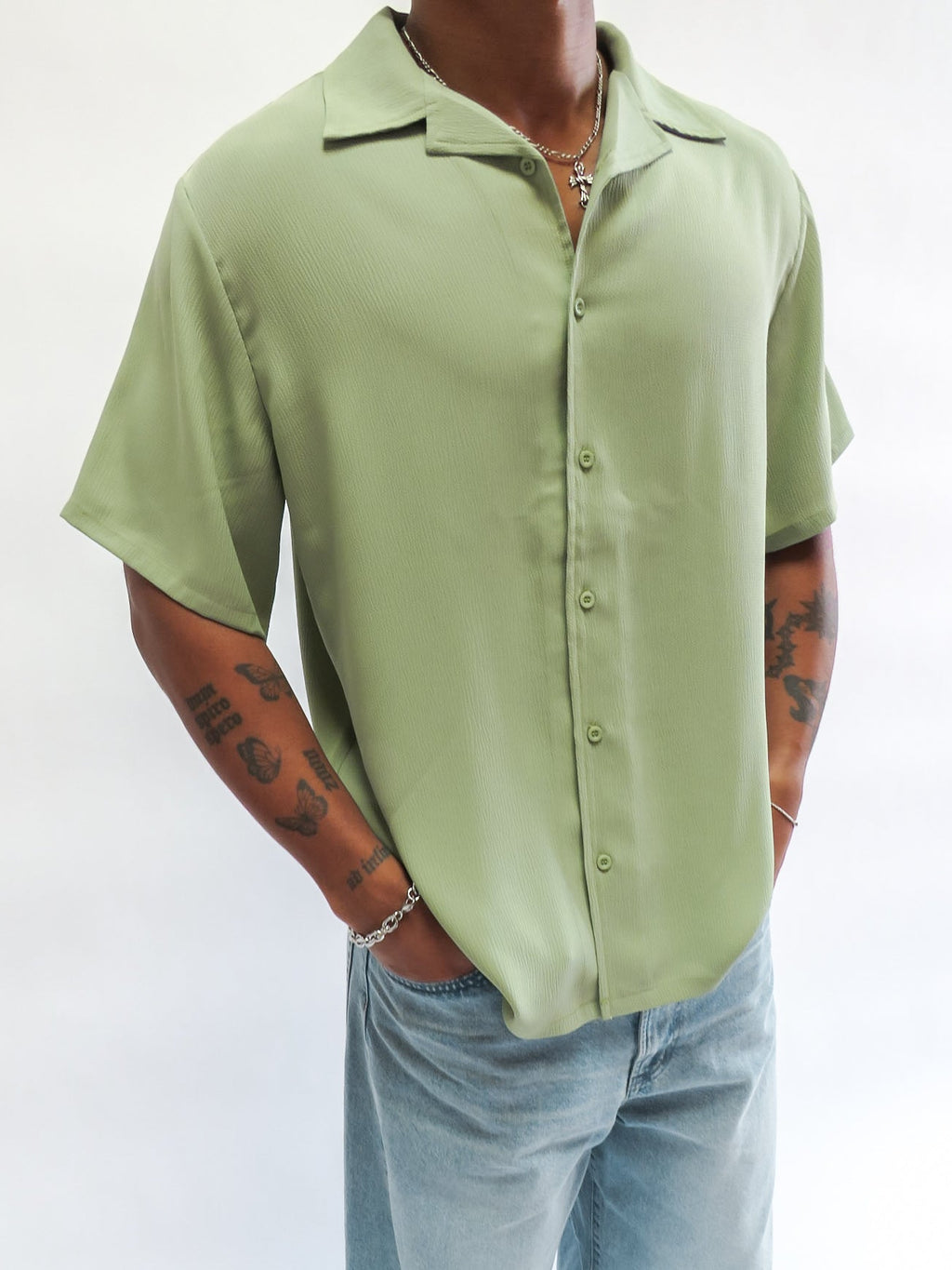 OurWay Ease Shirt in green — men's relaxed fit everyday button-up textured fabric