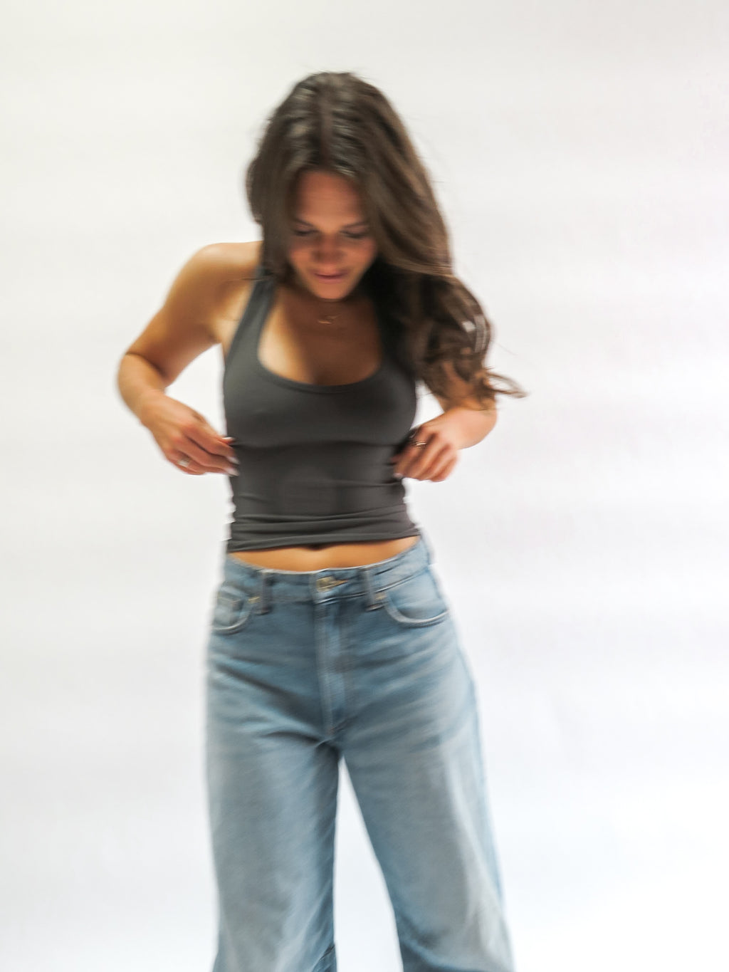 OurWay AllWays Top in grey — women's everyday tank top styled with jeans