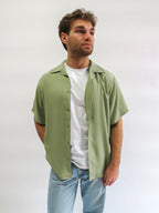 OurWay Ease Shirt in green — men's relaxed fit everyday button-up styled open with white tee