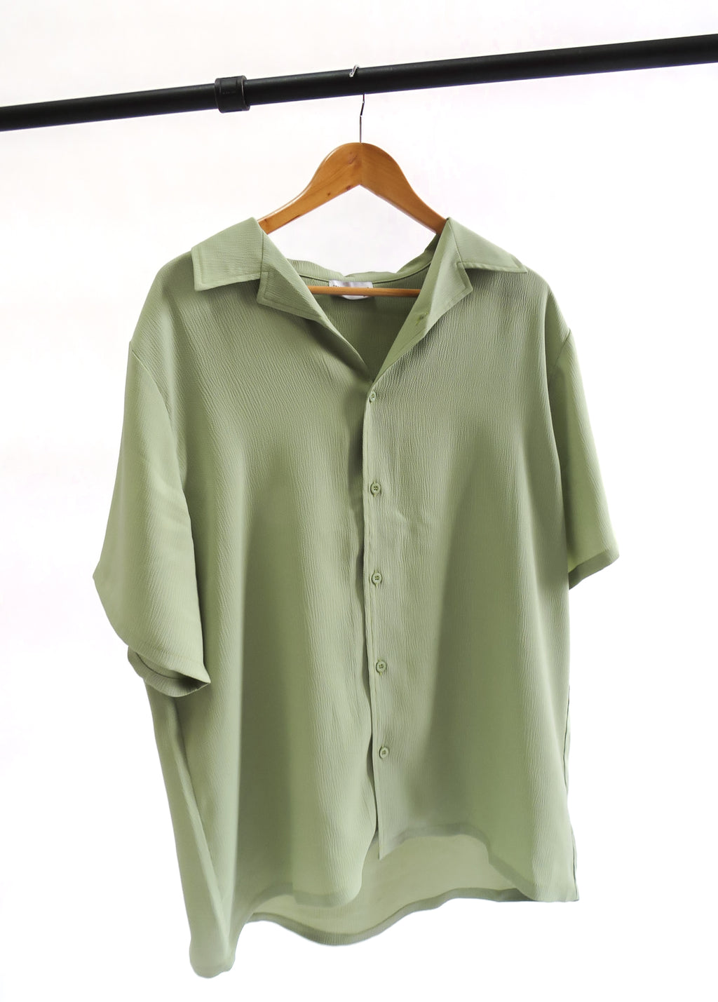 OurWay Ease Shirt in green — men's relaxed fit everyday button-up on hanger